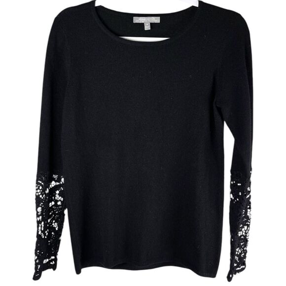 Neiman Marcus 100% Cashmere black crochet crewneck sweater Women's medium - Picture 1 of 6